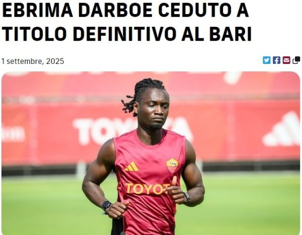 Chính thức: Tiền vệ của Roma, Dalber chuyển sang câu lạc bộ Serie B Barry và ký hợp đồng cho đến năm